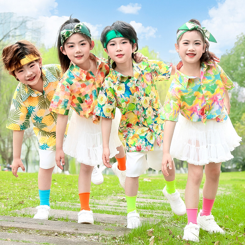 六一儿童节表演服夏款小学生港风复古花衬衫套装宝宝幼儿园演出服