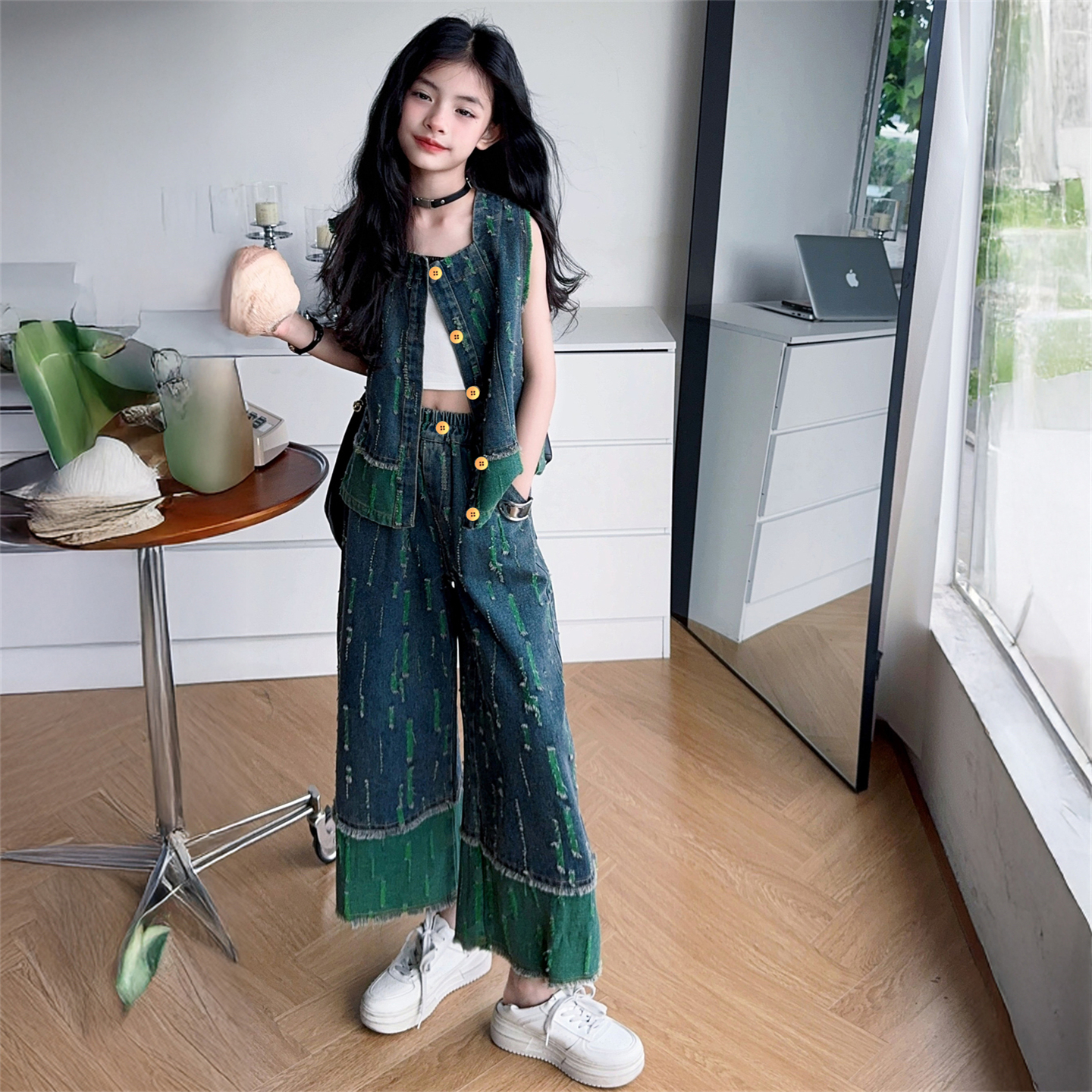 女童牛仔马甲套装夏季韩版女孩背心上衣裤子两件套大童休闲裤童装