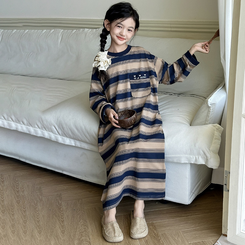 女孩睡衣秋冬新款裙子女童休闲中长款家居服中大童春秋季睡裙童装