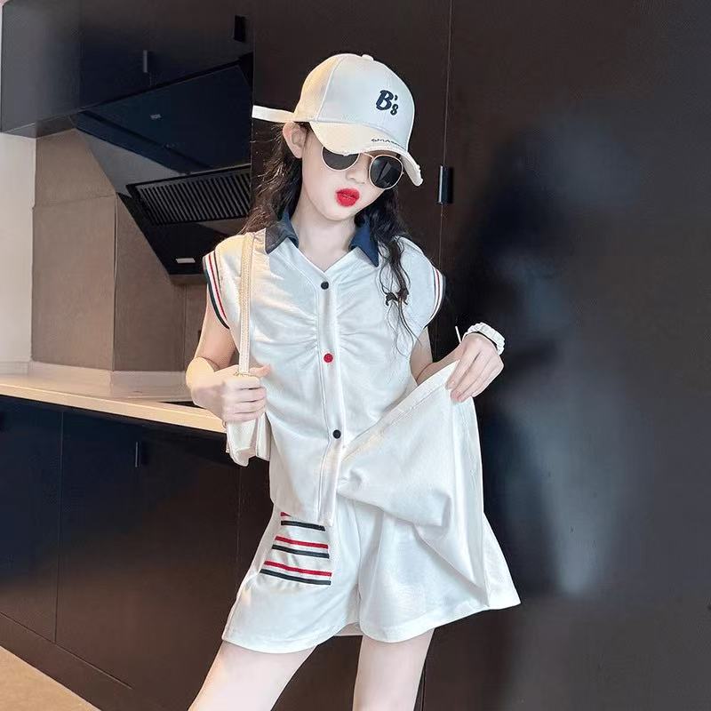 女童Polo衫套装夏季韩版女孩短袖短裤两件套大童纯棉休闲童装衣服