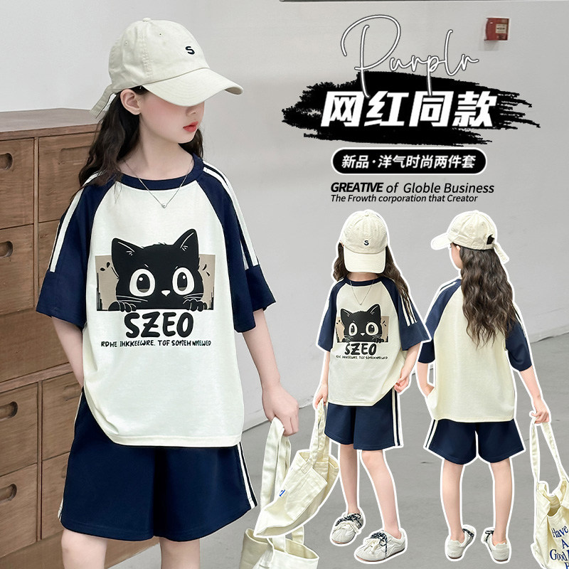 女童T恤夏季新款韩版女孩短袖短裤两件套大童运动套装休闲运动装