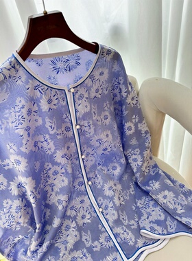 四经绞罗外套 蓝色小雏菊 夏日空调衣  100桑蚕新中式防晒衣 透气