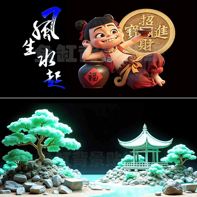 哪吒鱼缸背景贴纸高清立体壁纸5D鱼缸静电贴中国风造景鱼缸外贴