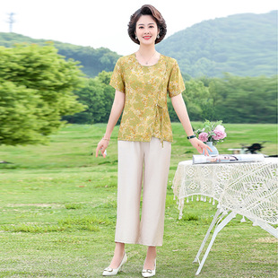 T恤上衣薄款 两件套2023新款 短袖 妈妈棉麻套装 夏装 中老年女装 时尚