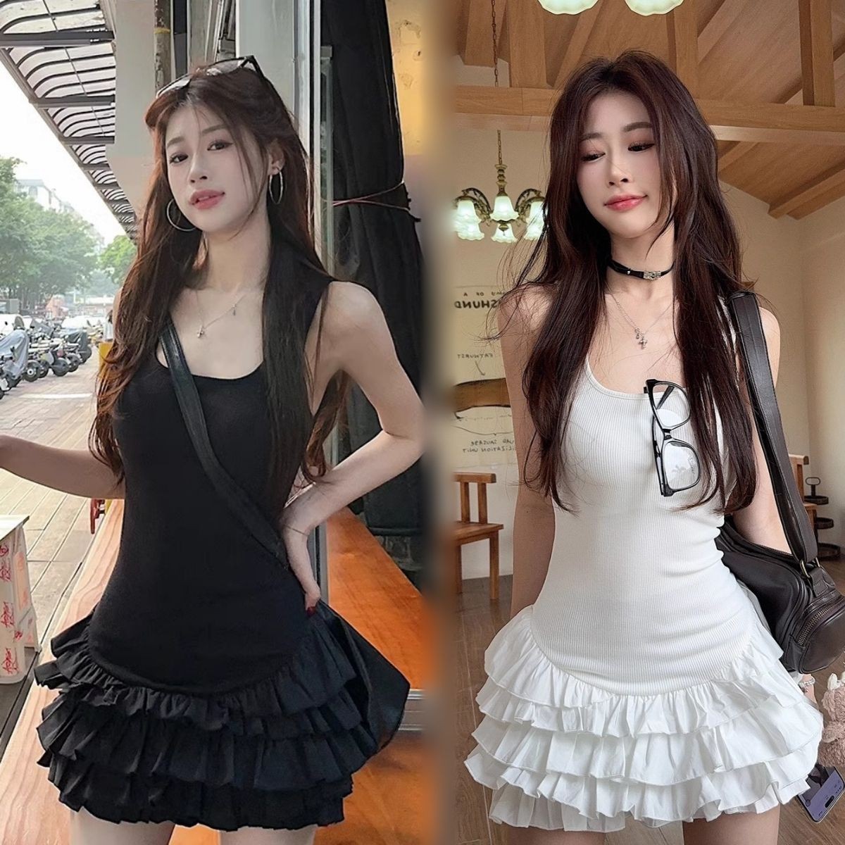 白色花边拼接吊带连衣裙女2025春季新款芭蕾风显瘦蓬蓬蛋糕短裙子