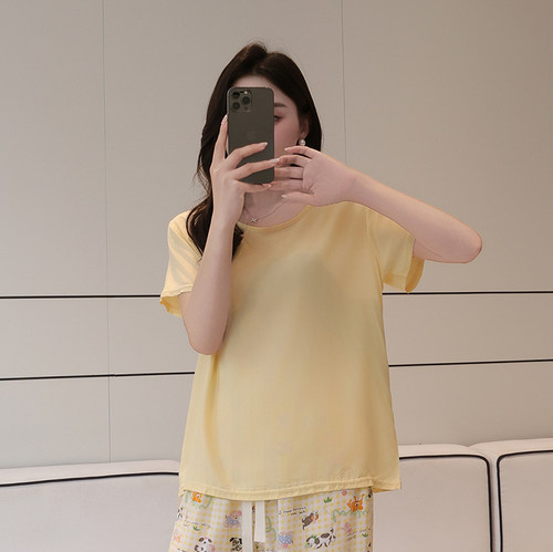 夏季女薄款圆领短袖棉绸睡衣