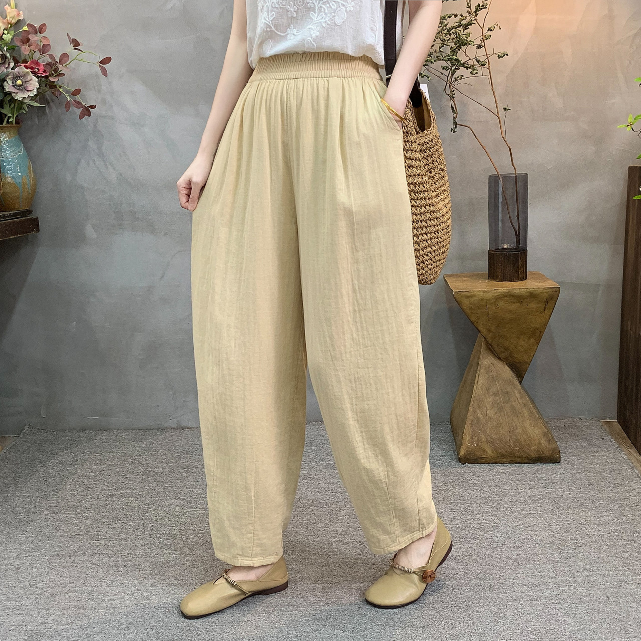 2026夏季薄款双层纱全棉九分阔腿裤女宽松松紧腰纯棉灯笼裤妈妈装
