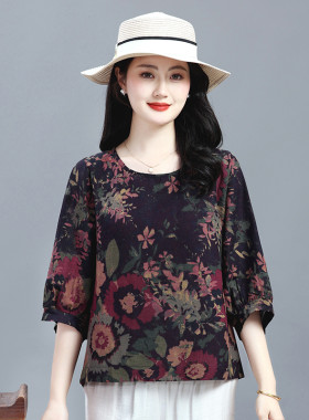 2025复古棉麻印花圆领半截袖t恤女宽松大码显瘦文艺短袖上衣小衫