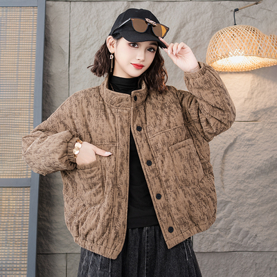 2024冬装百搭厚款洋气小棉衣宽松休闲印花棉服保暖时尚棉袄外套