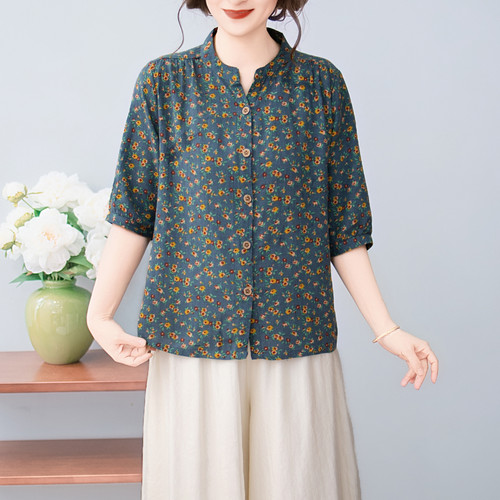 碎花五分袖衬衫女开衫中老年