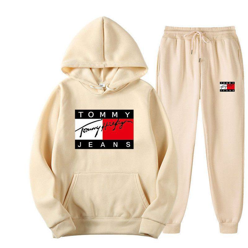 跨镜外贸男女士抓绒卫衣两件休闲运动套装潮牌连帽套头衫印花卫裤