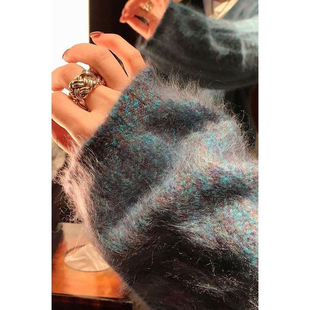 山羊绒+羊毛衫高克重花纱拉绒羊毛衫女秋冬宽松慵懒加厚针织毛衣