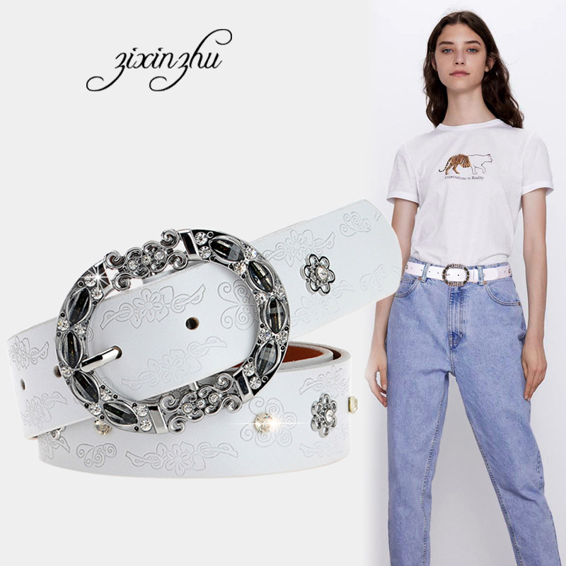 白色皮带女ins风韩国简约时尚百搭水钻装饰牛仔裤真皮纯牛皮腰带