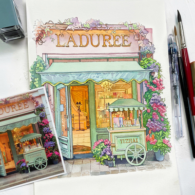 筑钢笔淡彩水彩线稿本