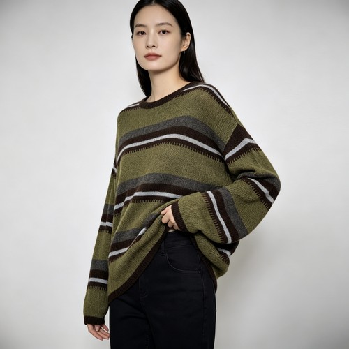 YM6257 新款时尚复古莱赛尔绵羊毛山羊绒女士条纹毛衣