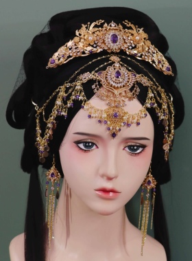 芳菲雪手工紫色汉服异域风敦煌古风西域公主头饰额饰额链发冠耳饰