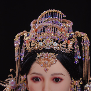 芳菲雪手工汉服异域风古风粉色锆石长流苏发冠发钗发梳额链额饰