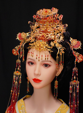芳菲雪手工汉服婚嫁长流苏发冠额冠发钗战国风古风红色发饰套装