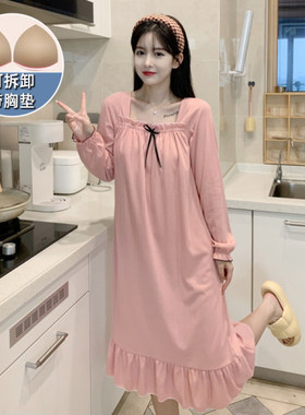 秋冬季中长款睡裙长袖带胸垫公主风加肥加大胖MM250斤纯棉家居服
