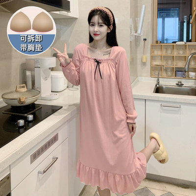 秋冬季中长款纯棉公主风加肥睡裙
