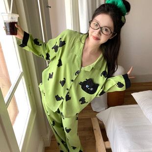 长裤 睡衣女春秋季 2025年新V领长袖 开衫 宽松家居服 小翻领两件套装