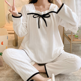 珊瑚绒睡衣女冬季保暖加绒套装网红直播女款加厚法兰绒方领家居服