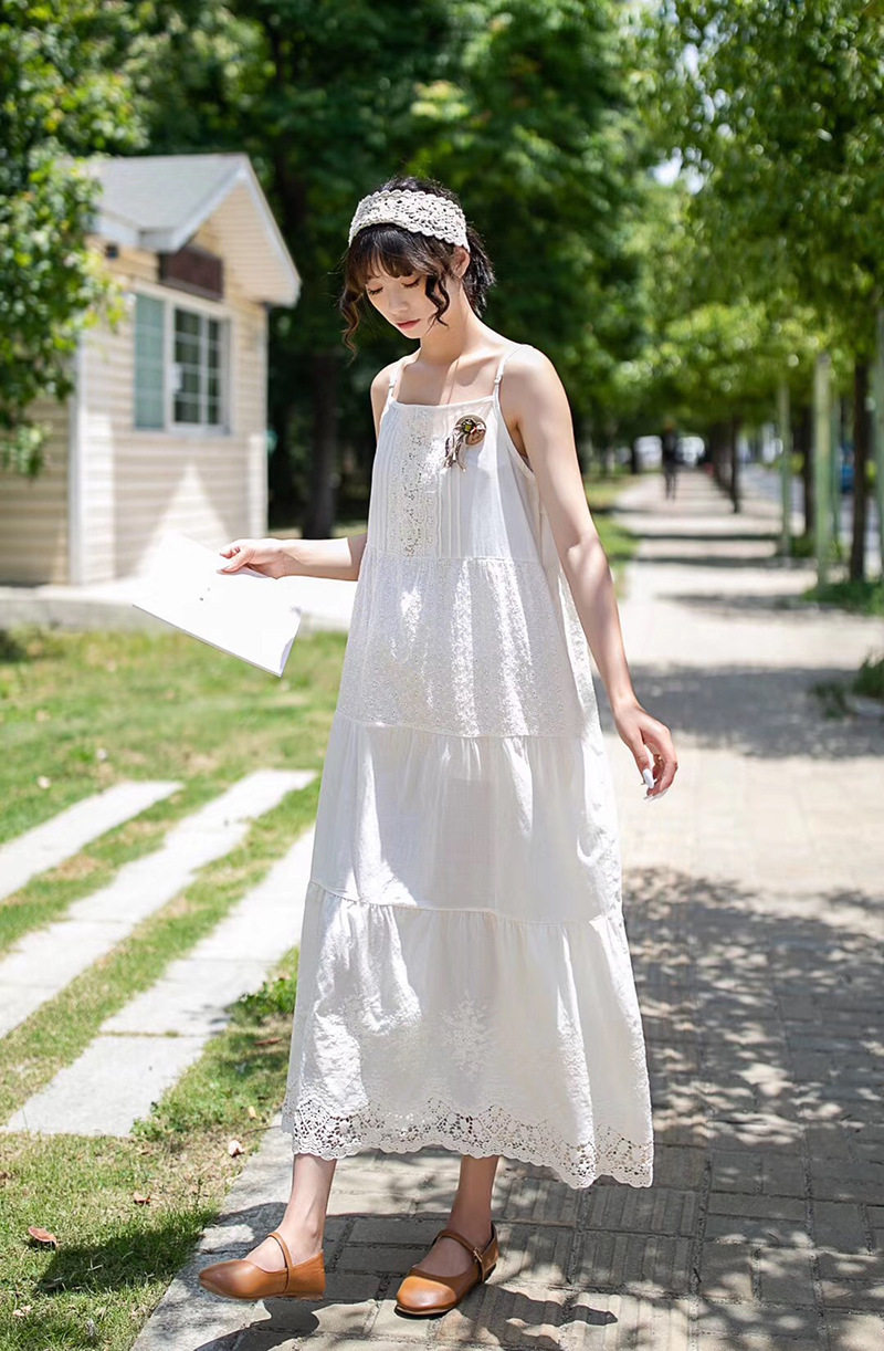 2023夏季新吊带连衣裙日系森系棉刺绣长裙内衬女清新甜美百搭打底