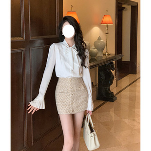 女人好闺蜜蝴蝶结优雅浪漫法式缎面白色衬衫打底V领长袖上衣女