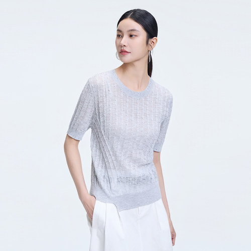 恩瑞妮极简镂空短袖针织衫女夏