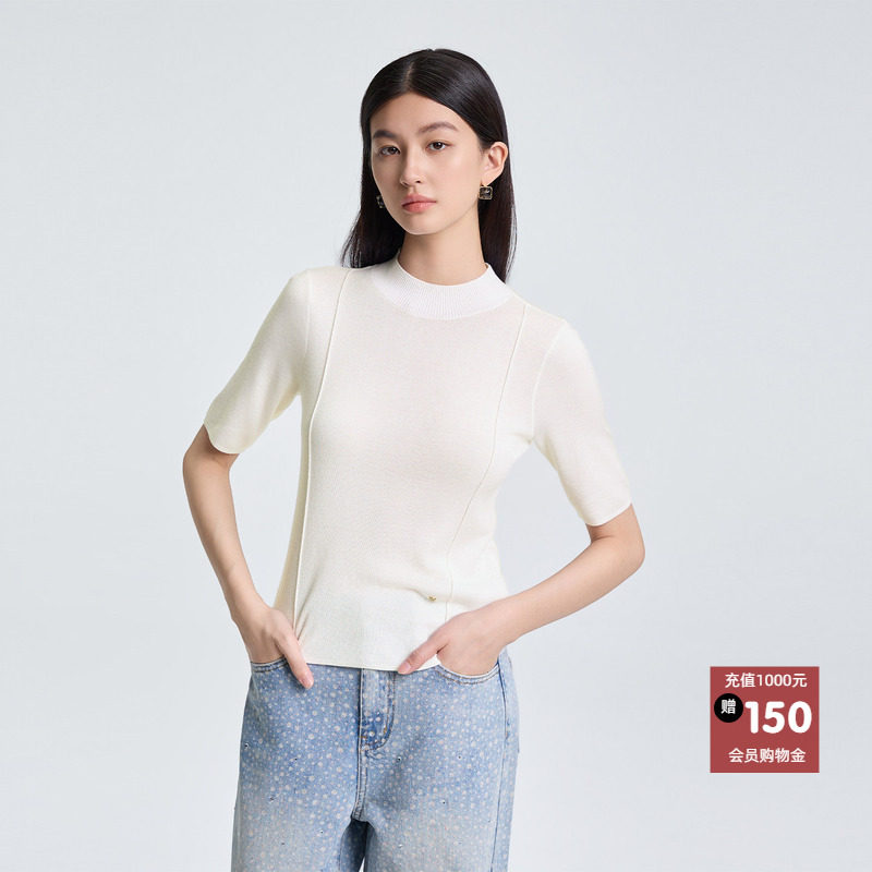 恩瑞妮半高领短袖针织衫女白色宽松气质休闲毛衣女装2026年春款新