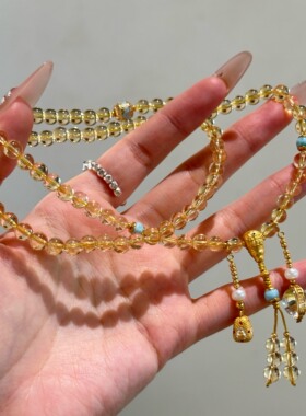 原创设计天然巴西黄水晶佛珠手链黄塔晶古法金手串送女友闺蜜礼物