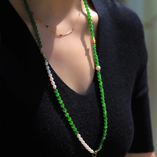 天然俄罗斯碧玉项链菠菜绿和田玉手串万能链毛衣链手链淡水珍珠女