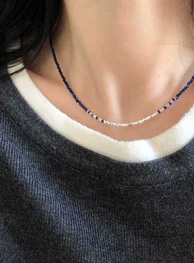 天然极细2mm帝王青金石小米珠项链碎银锁骨链原创设计小众手链nv