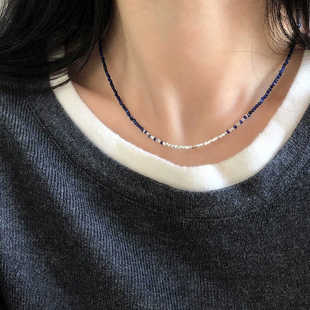 天然极细2mm帝王青金石小米珠项链碎银锁骨链原创设计小众手链nv
