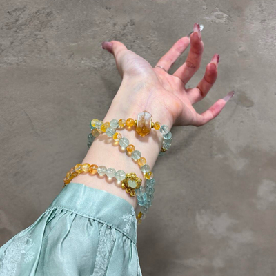 原创天然黄胶花水晶多圈手链绿萤石搭配原石三圈项链女款百搭手串