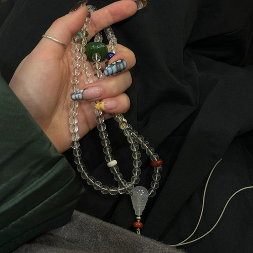 原创10A天然白水晶项链108颗佛珠手串和田碧玉南红蜜蜡绿松石念珠