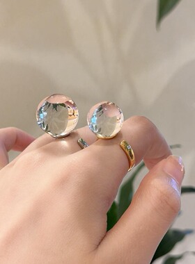 赵露思同款天然全净体白水晶圆珠戒指光面素圈大颗粒指环个性男女