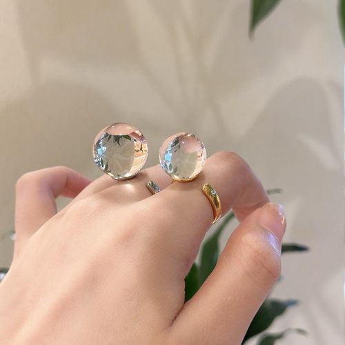 赵露思同款天然全净体白水晶圆珠戒指光面素圈大颗粒指环个性男女