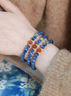 晴川高品质天然蓝晶石虎眼石南红和田玉国风多宝手串单圈新中式女