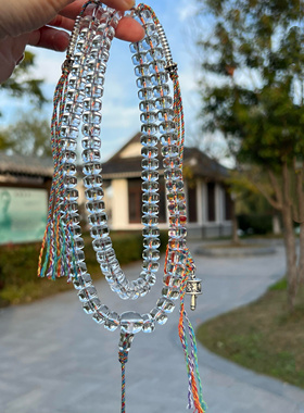 天然10A白水晶药片珠手串108颗佛珠念珠项链纯银复古新中式男女款