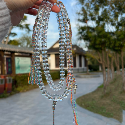 天然10A白水晶药片珠手串108颗佛珠念珠项链纯银复古新中式男女款
