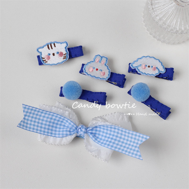 Candy bowtie 手工 可爱球球熊萌萌兔发夹儿童卡通刺绣边夹蝴蝶结
