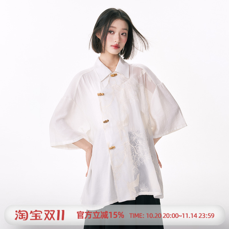 杨二大梦仙鹤网纱衬衫