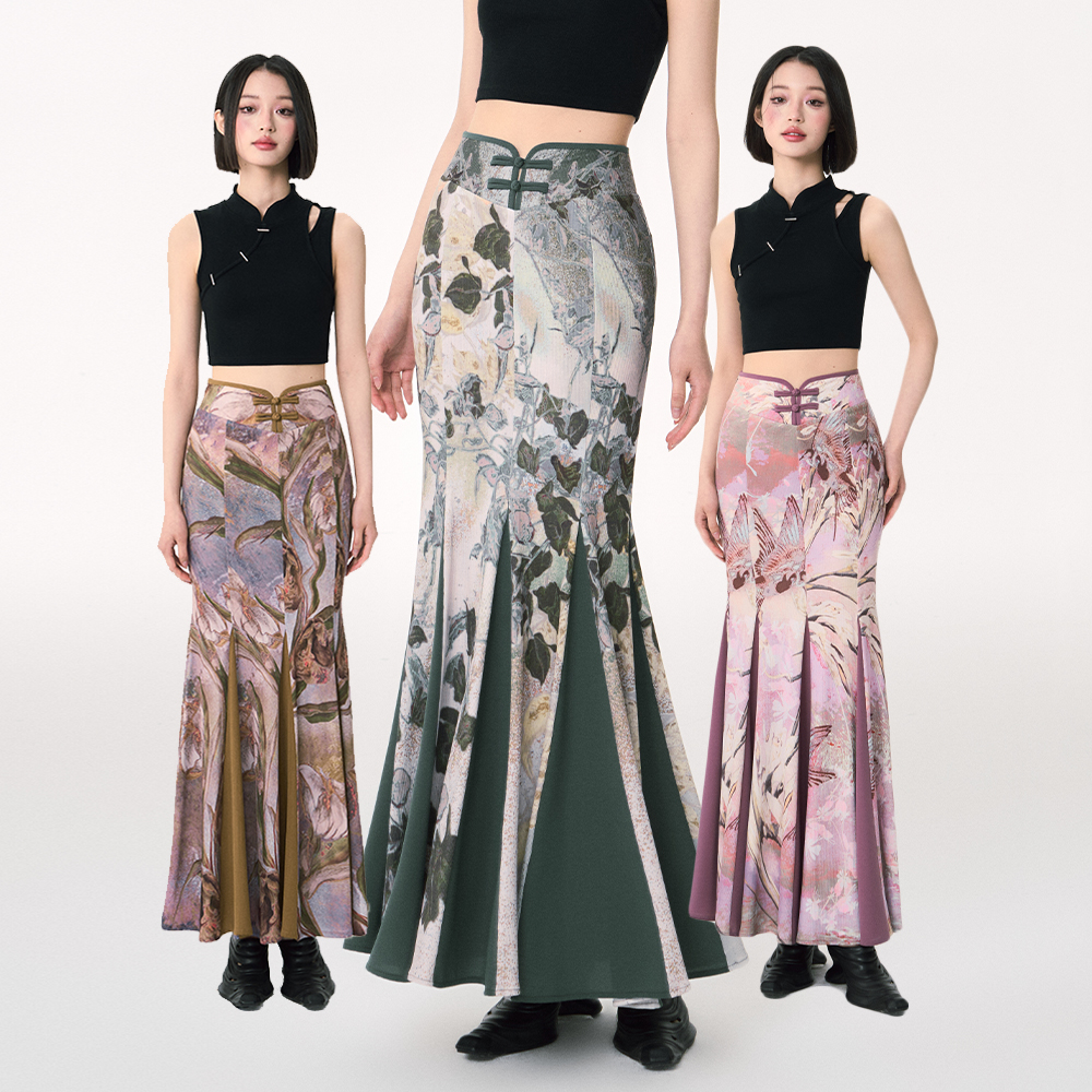 鱼尾弹力半身裙印花新中式