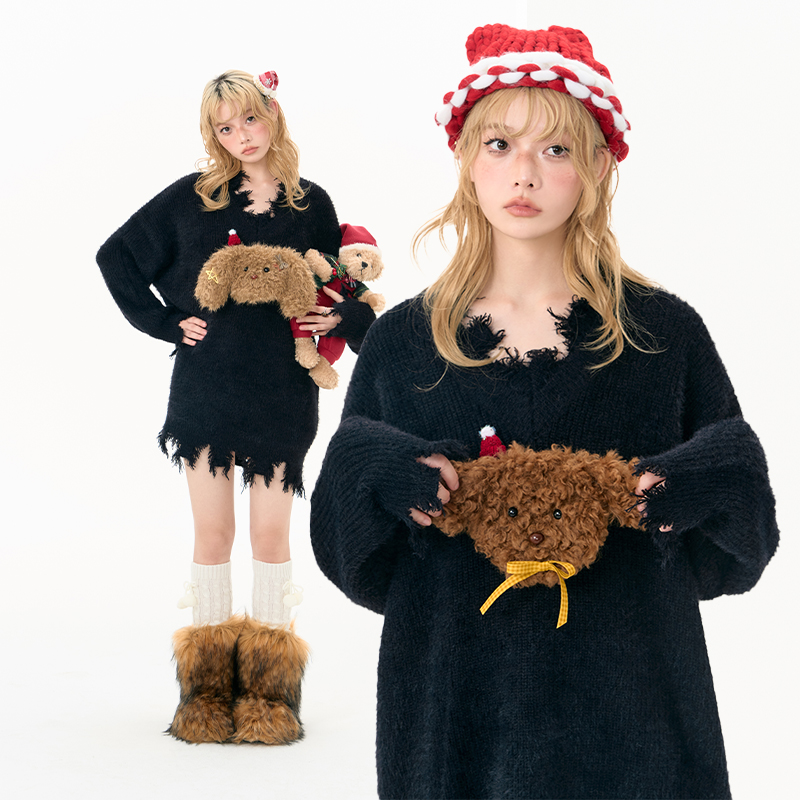 杨二大梦v领圣诞帽小狗毛衣