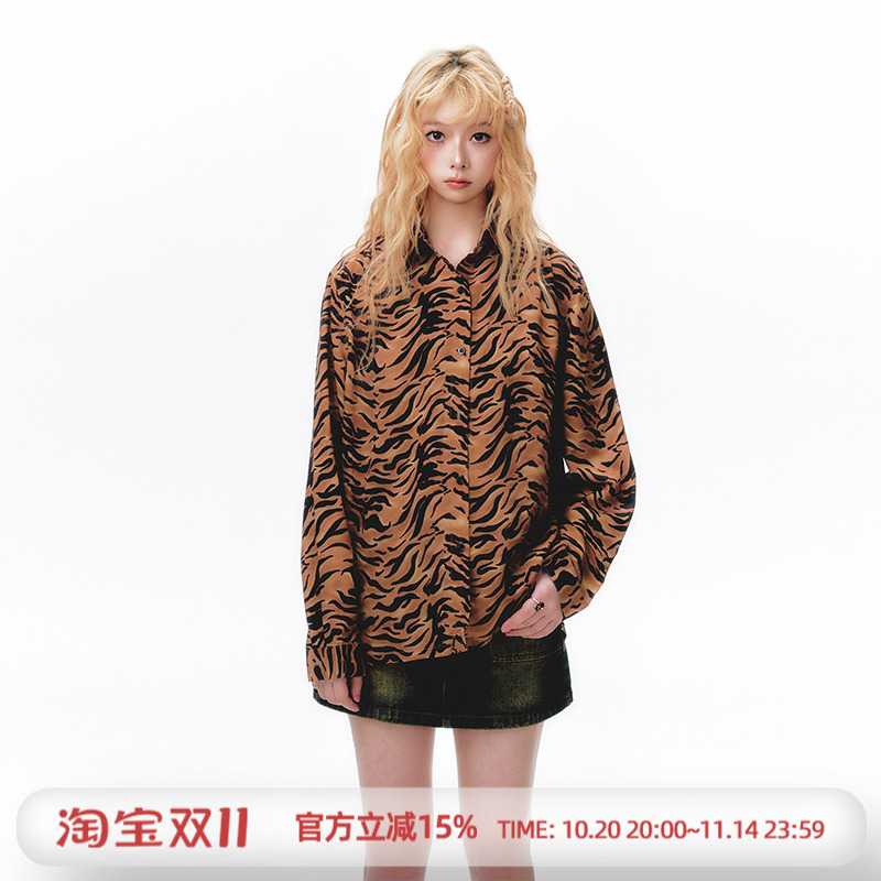 杨二大梦原创海浪豹纹衬衫初春独特超好看上衣小众穿搭衬衣女款