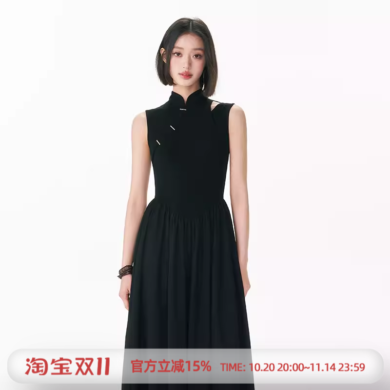 杨二大梦原创黑色新中式镂空拼接无袖连衣裙国风女装2025新款长裙