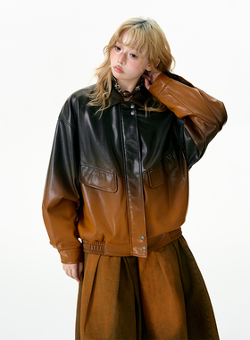 杨二大梦原创渐变黄绿色机车皮衣夹克外套女新款2025爆款女士上衣