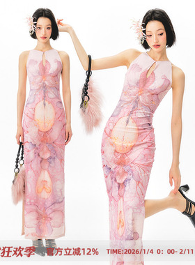 杨二大梦x水煮蒸汽插画师联名花卉印花旗袍连衣裙2025女夏裙子