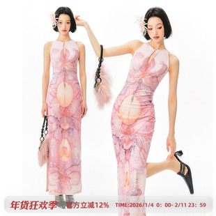 杨二大梦x水煮蒸汽插画师联名花卉印花旗袍连衣裙2025女夏裙子